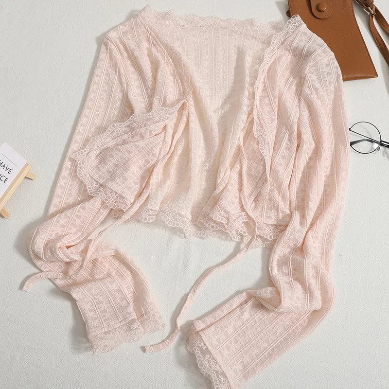 كارديجان دانتيل مفتوح من Sweet Lace للنساء، ملابس صيفية جديدة مع حزام، غطاء صغير، ملابس حماية من الشمس ومكيفات الهواء