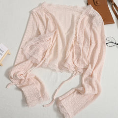 كارديجان دانتيل مفتوح من Sweet Lace للنساء، ملابس صيفية جديدة مع حزام، غطاء صغير، ملابس حماية من الشمس ومكيفات الهواء