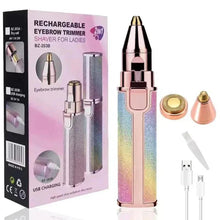 Rechargeable eyebrow trimmer with rose-gold and iridescent handle, includes heads