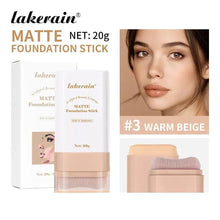 Matte foundation stick set, shade #3 warm beige; stick in beige with box and text.
