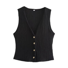 EDSA Women 2 Pcs Set V-Neck Single Breasted Solid Texture Casual Vest Top+High-Waisted Drawstring Wide Leg Pants