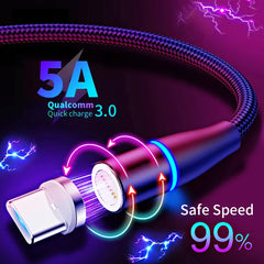 كابل بيانات مغناطيسي فائق السرعة 5A 3 في 1 متعدد الوظائف لشحن الهاتف المحمول لأجهزة iPhone وAndroid وHuawei Typec Luminous