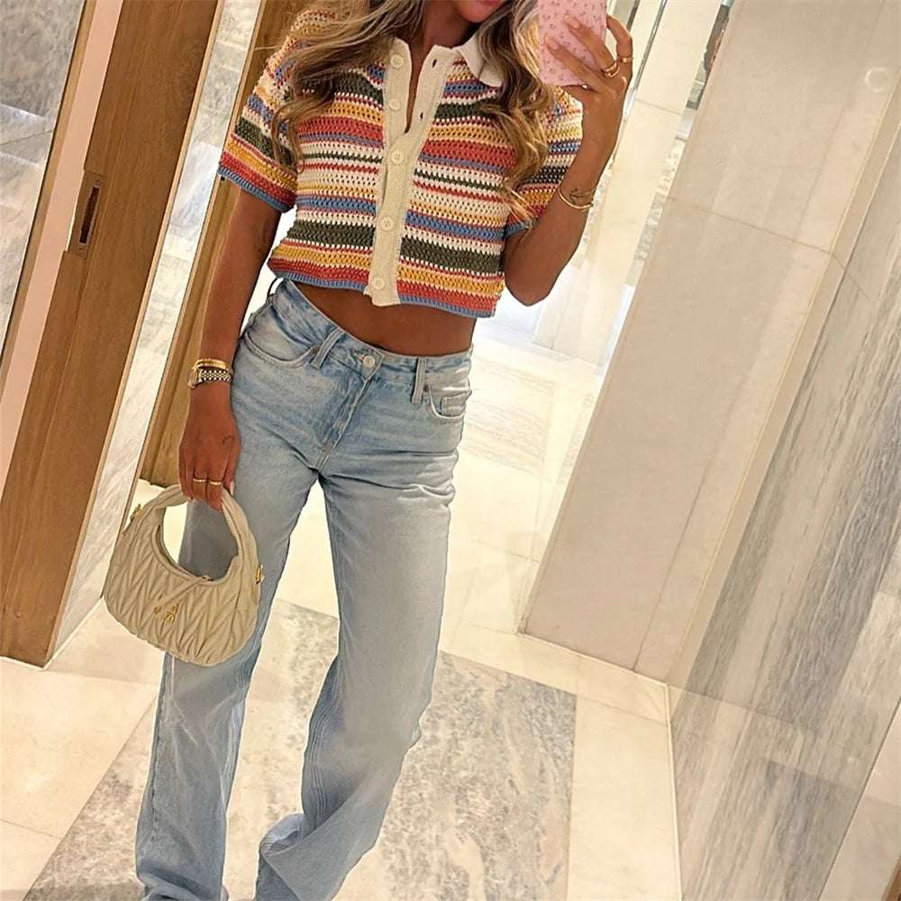 2024 Autumn European And American New Women's Fashion Casual Stripe Printed Short Sleeve Flip Collar Cardigan Casual Shorts Set