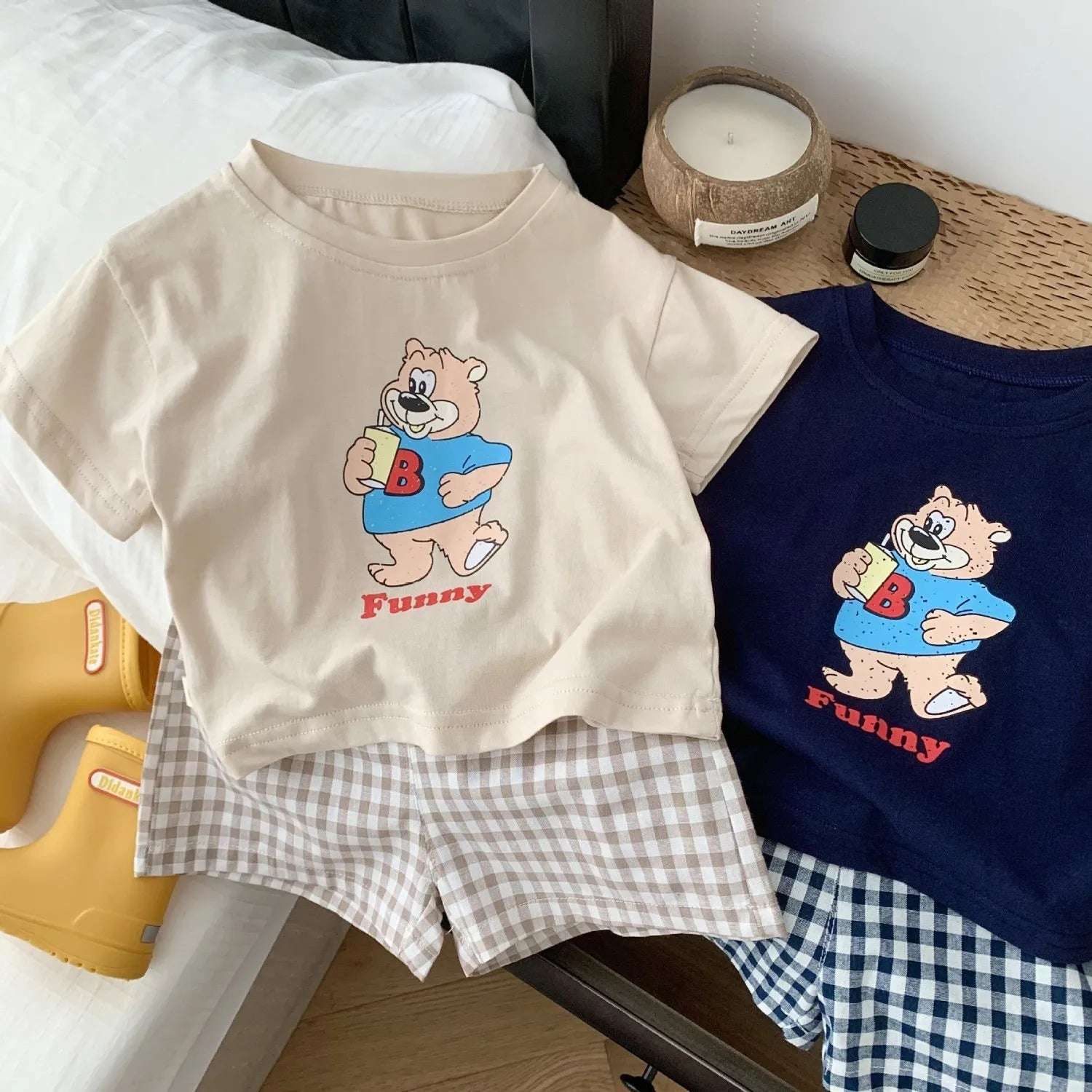 Cartoon Pattern Children Short Sleeved Suit T-shirt Outfits Summer Clothing Loose Fashion Casual Two Piece Set Plaid Shorts Set