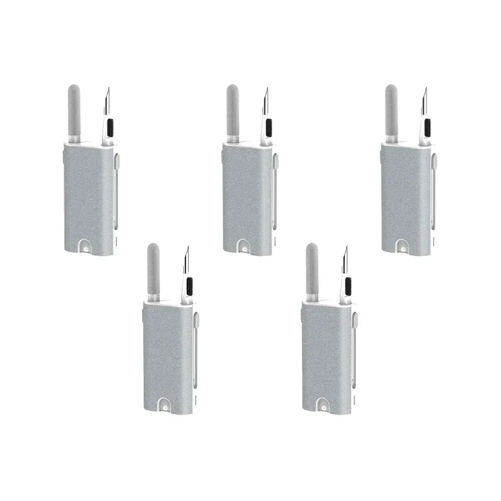 Earphone cleaner brush kit with multiple gray units arranged in two rows, pen and brush tips