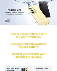 هاتف realme C75 4G الذكي IP69 IP68 مقاوم للغبار والماء بدرجة عسكرية 5828 مللي أمبير في الساعة 45 وات شحن عكسي متين