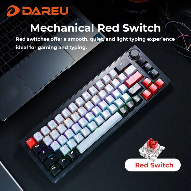 DAREU 2.4G Wireless Mechanical Gaming Keyboard 4000mAh Red Switch All Key Non-conflict Rainbow Lighting with Multifunction Knob