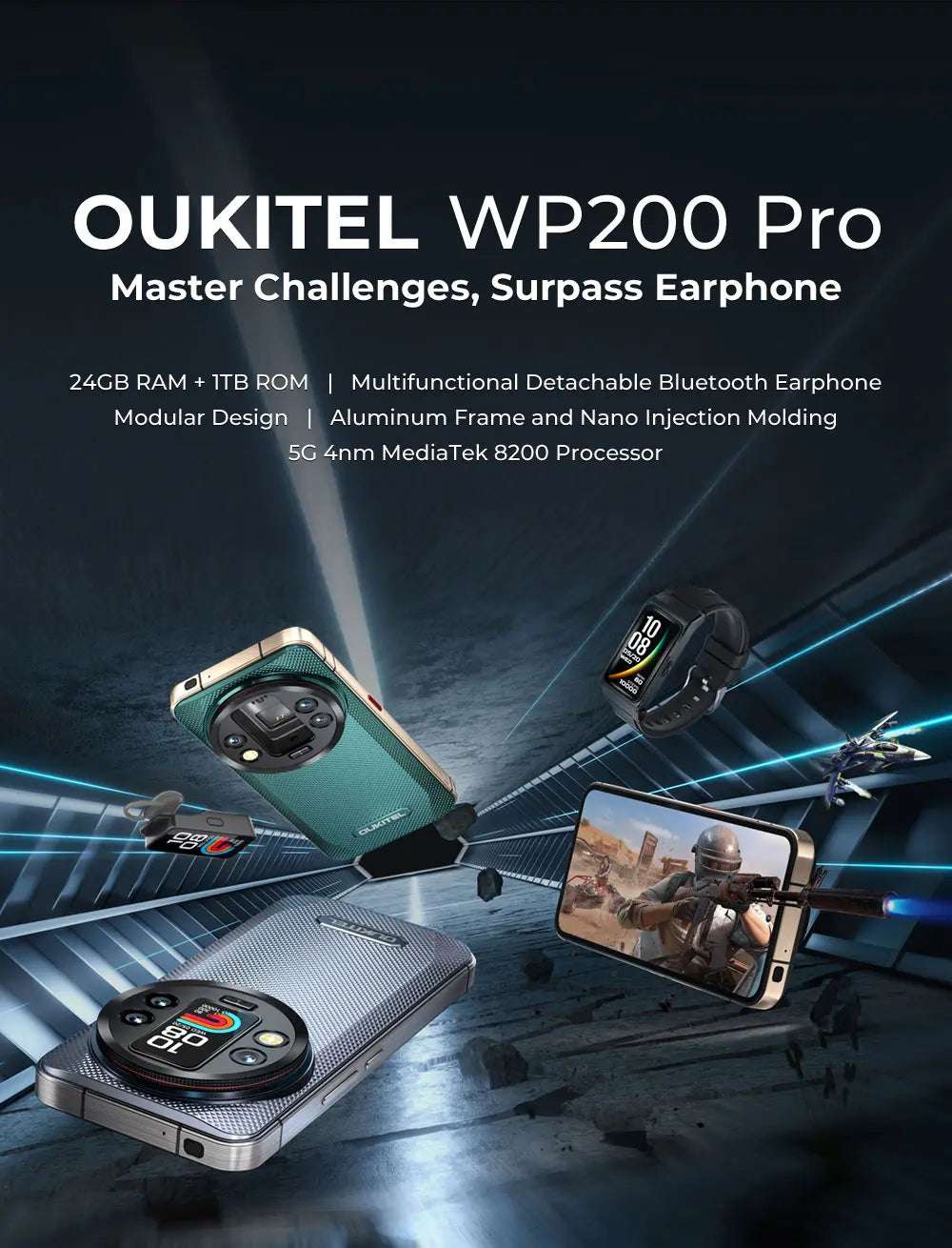 Oukitel WP200 Pro 5G Modular RuggedPhone Detachable Earphone-SmartWatch 72GB+1TB MTK8200 Smartphone 108MP camera