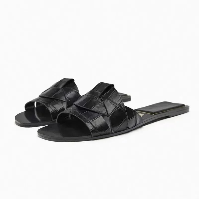 Women's woven flat slide sandals, black, open toe with crisscross straps