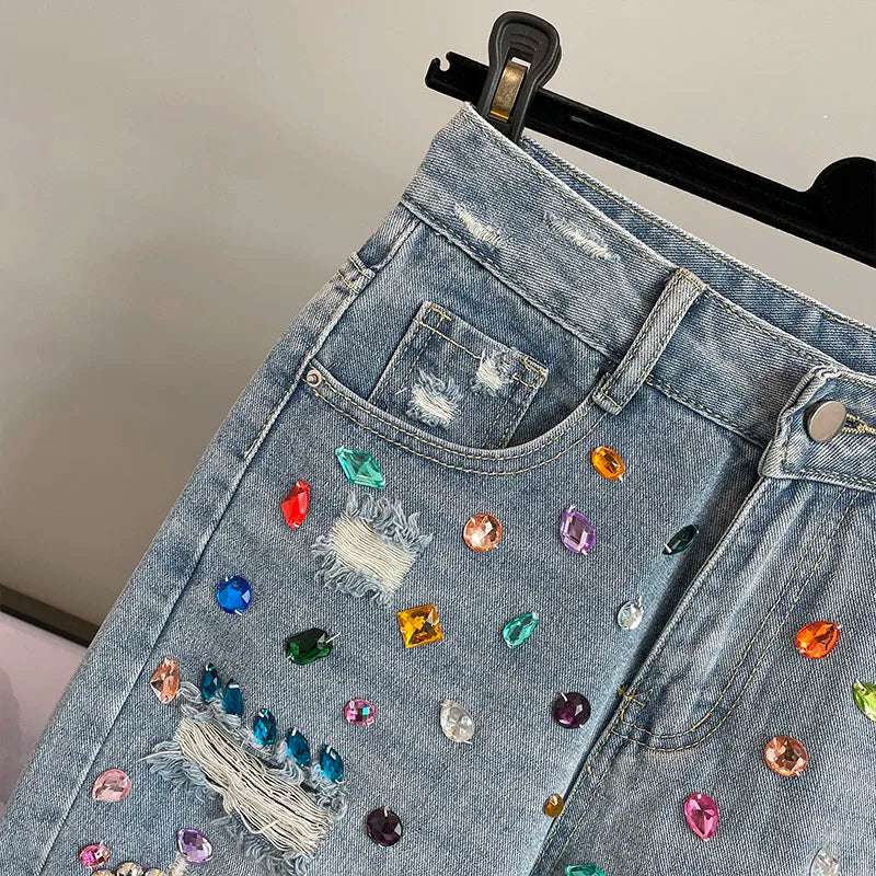 High Waist Loose Fit  Diamond Embellied Denim Five-Point Pants Summer New Sle Women's Trendy Hole Punch Jeans