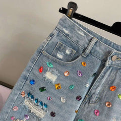 High Waist Loose Fit  Diamond Embellied Denim Five-Point Pants Summer New Sle Women's Trendy Hole Punch Jeans