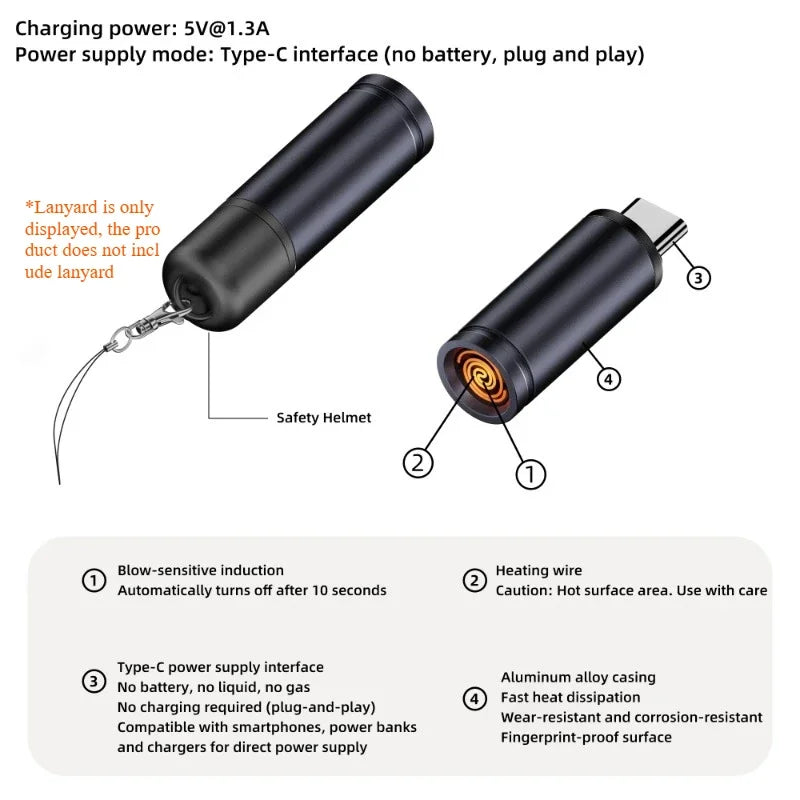 Type C Mini Lighter Blow-to-Ignite Auto Shut-Off for Air Travel Outdoor No Battery No Flame USB C Cigarette Lighter Adapter