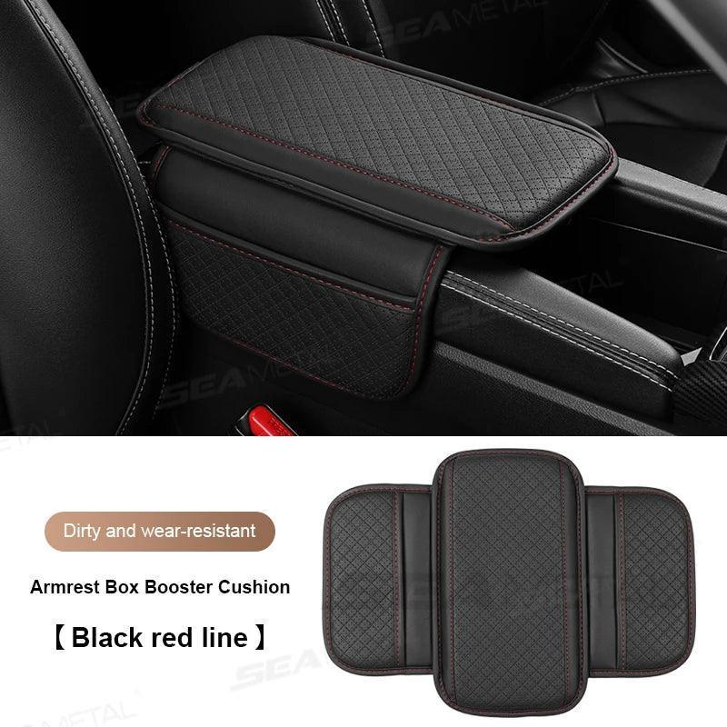 Black armrest box booster cushion cover with red-line stitching and padded inserts
