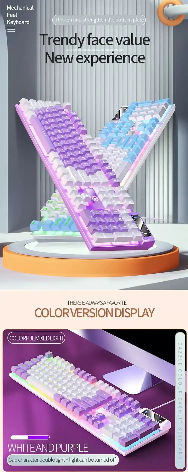 K500 Pink Keyboard Mixed Color White Pink Keycaps 104 Keys Wired Gaming Keyboard for Laptop PC