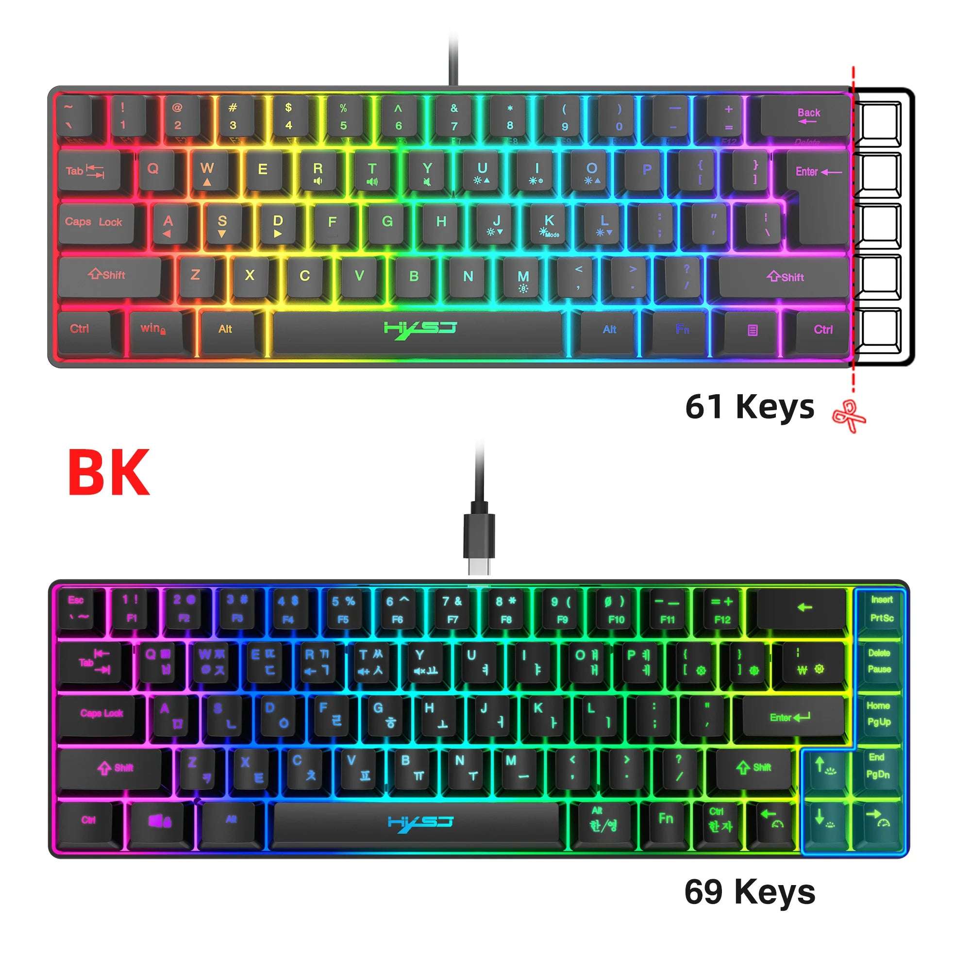 Portable HXSJ V200 68-key Korean gaming Keyboard, 65% RGB Backlit Wired office membrane Keyboard for Desktop PC and Laptops