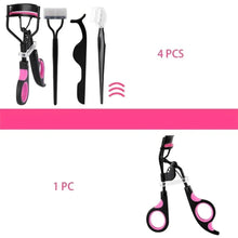 Eyelash curler with pink silicone pads, plus multiple tools for lash curling