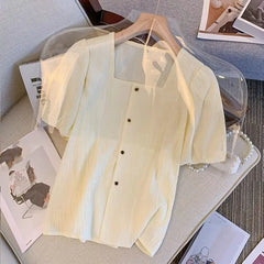 Ele Bla Bubble Sve irt Women's Summer Thin Korean Sle Square Collar Doll irt ort Sve Lace Snowflake Design