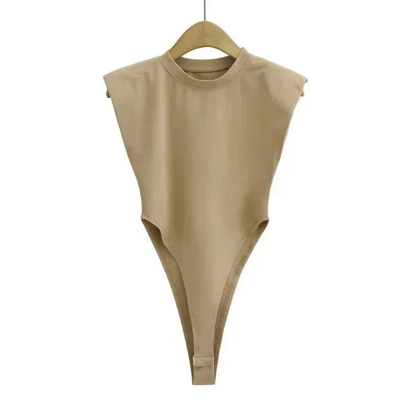 Khaki sleeveless bodysuit with high-cut leg and round neck