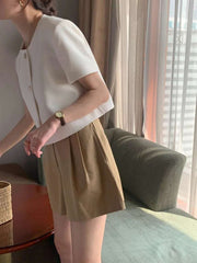 Chic Korean Sle round Ne Metal Single Button Loose ort Sve Outerwear for Women Summer Faion Commute Pure Color