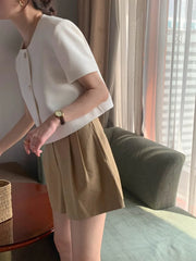 Chic Korean Sle round Ne Metal Single Button Loose ort Sve Outerwear for Women Summer Faion Commute Pure Color