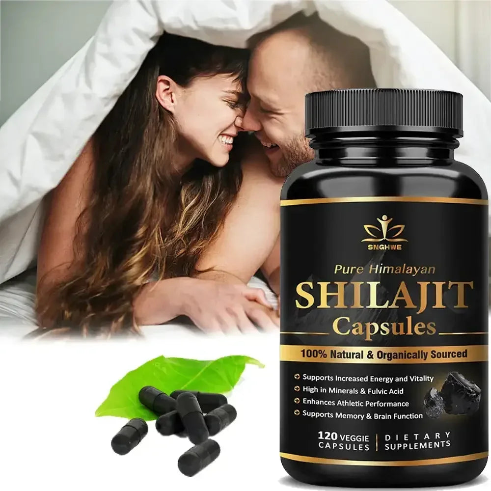 Shilajit capsules supplement bottle, black with gold label, 120 veggie capsules