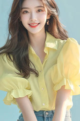 Ele Yellow Bubble Sve irt Thin Top Women's Faion Summer New Unique Beautiful High-End Feel Loose Fit  Collar