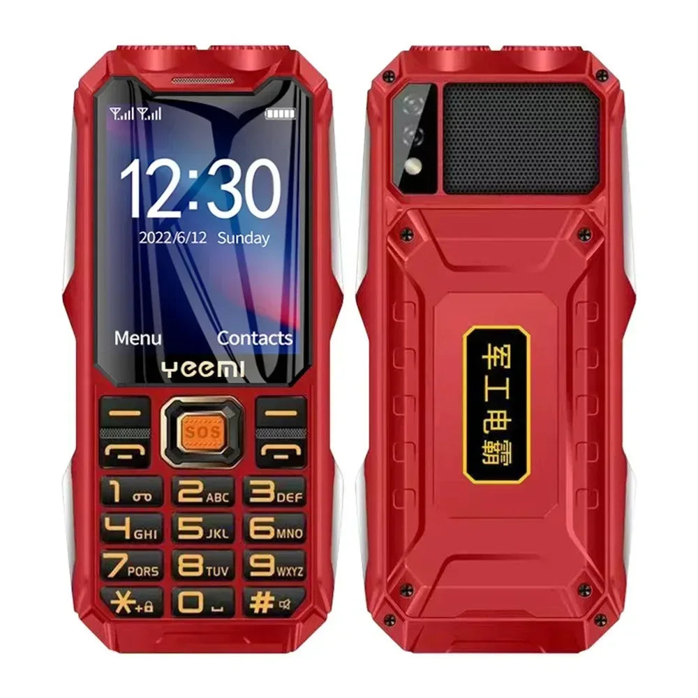 Rugged feature phone with SOS button, red body, keypad and front display 12:30