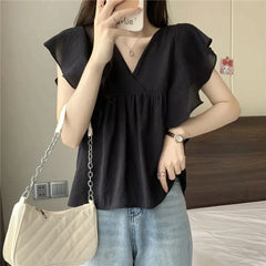 Ele Summer New Sle Women's irt Beautiful Soft Korean Sweet Fly Sve V-ne Top Polyester Fiber Casual Faion