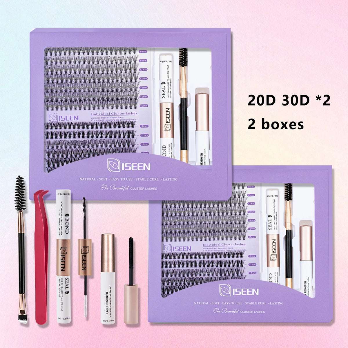 ISEEN DIY Lash Extension Mix Styles Lash Clusters Individual with Bond&Seal Remover Tweezers Lash Brush for Self Application