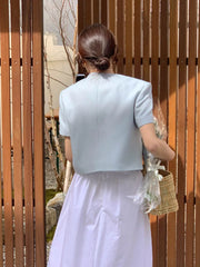 Chic Korean Sle round Ne Metal Single Button Loose ort Sve Outerwear for Women Summer Faion Commute Pure Color
