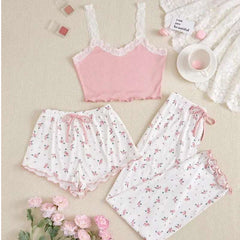 Three Piece Women's Heart-Shaped Printed Vest Shorts and Pants Paired with Ribbed Fabric for Home Casual Women's Sleepwear Set