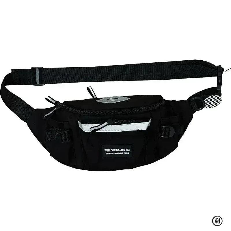 Black reflective chest/waist crossbody bag with front zip pocket and adjustable strap