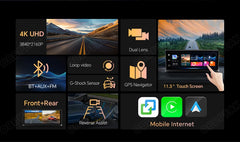 K2 Pro 11.3 بوصة سيارة DVR 4K كاميرا لاسلكية Carplay أندرويد أوتو شاشة Ai كاميرا لوحة القيادة مزدوجة العدسة مسجل فيديو نظام تحديد المواقع والملاحة لوحة القيادة