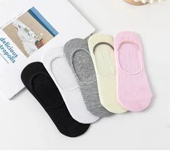 5 Pairs of WOMEN'S Solid Color Invisible Socks, Cotton Silicone Anti Slip Spring Ankle Socks, Casual Breathable Thin Boat Socks