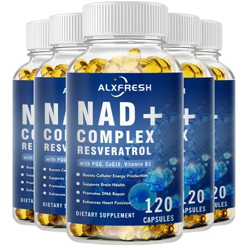 NAD+ Complex dietary supplement bottle with gold capsules, 120 capsules
