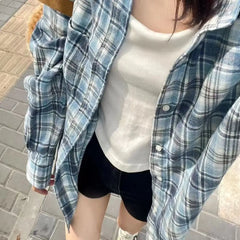 2024 New Blue Plaid irt Jaet Women's Loose Casual Meat Covering Middle Length irt Outerwear Trendy Forest System