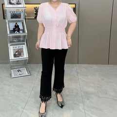 200 Pounds Plus Size Elastic Waist Summer Shirt And Blouse Short Sleeve Solid Top Women's New In Clothes Simple V-neck French