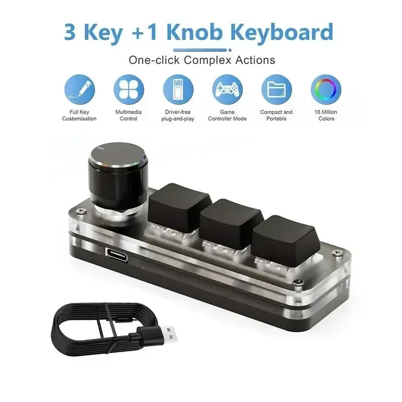 Mini mechanical keyboard 3 keys and 1 knob, black keycaps, metal base, USB cable