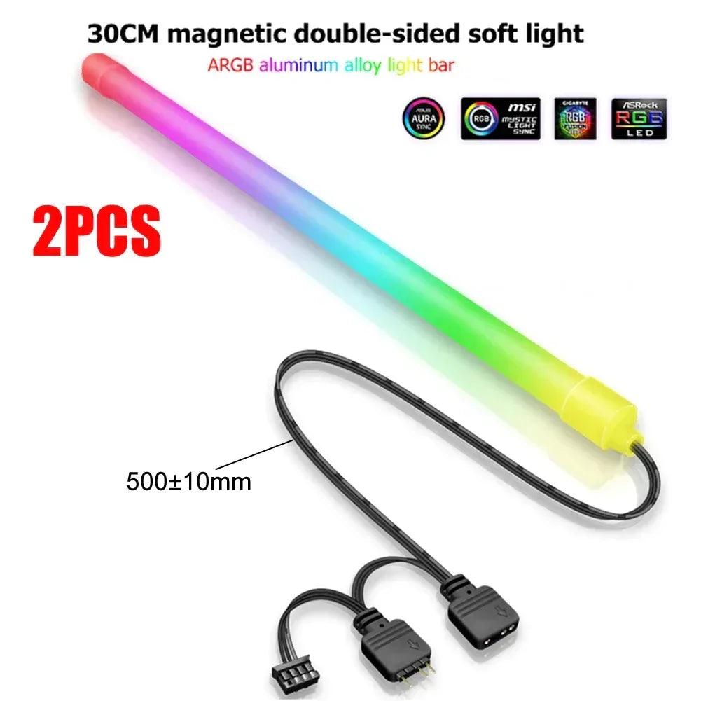 Magnetic ARGB LED light bar set with diffused colored tube and two 4-pin cables