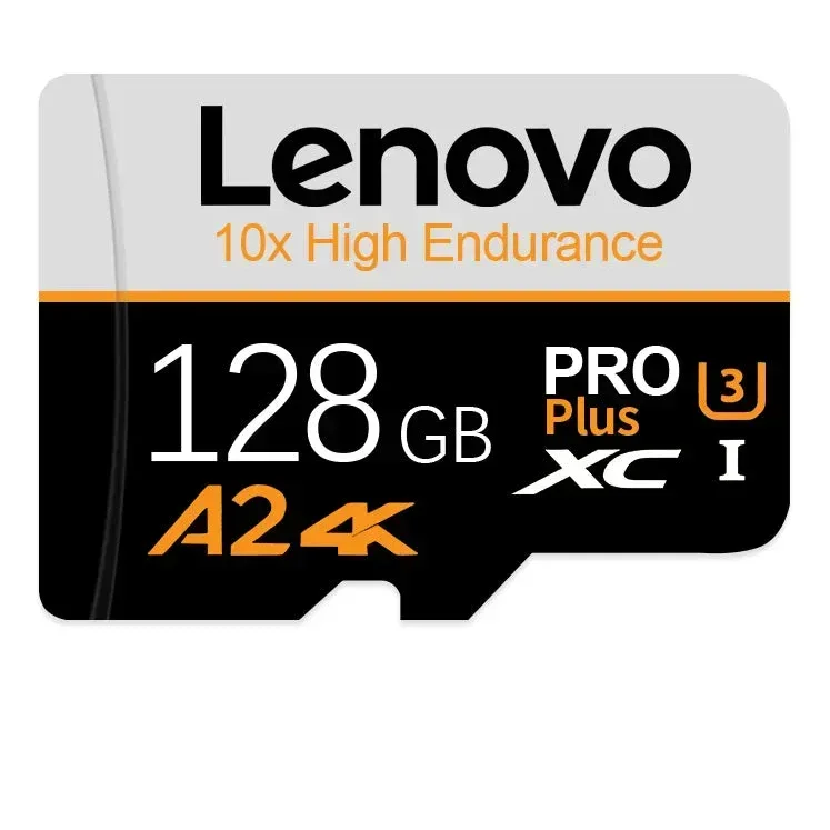 Lenovo 128GB microSD PRO Plus A2 memory card, black with orange accents