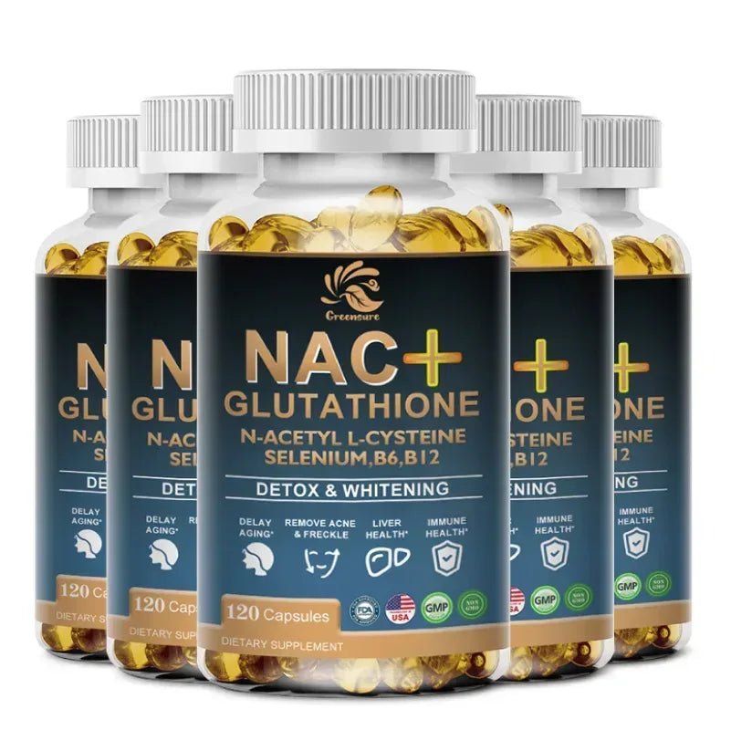 Stacked NAC+ glutathione supplement bottles with golden capsules and white caps