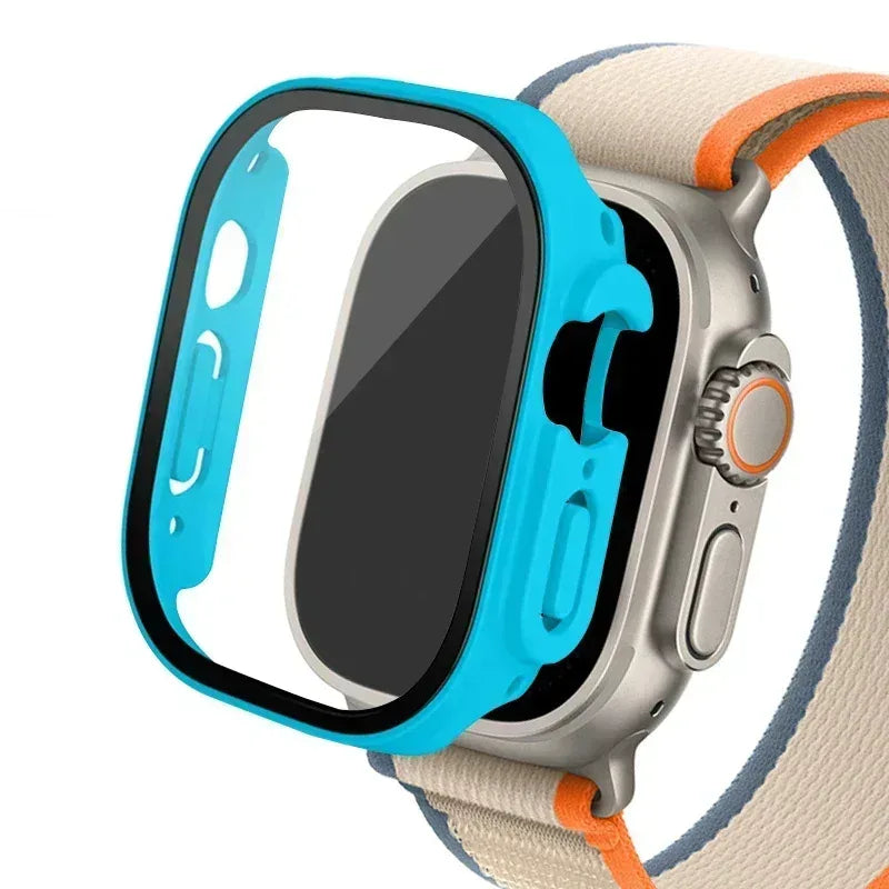 Apple Watch Ultra case with tempered glass screen protector, teal blue bumper