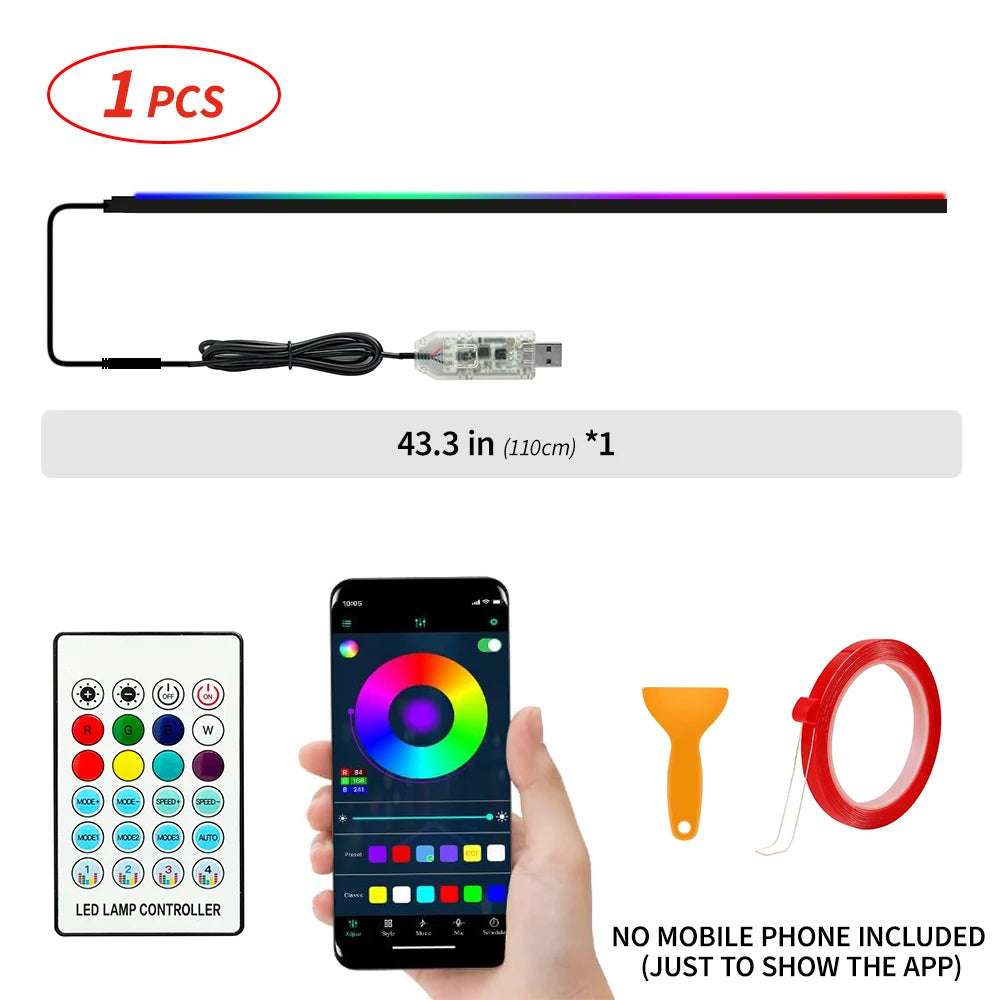Car LED Ambient Light 64 Color Acrylic Strips 110cm Full Colors RGB Car Interior Hidden App Remote Control Atmosphere Lamp