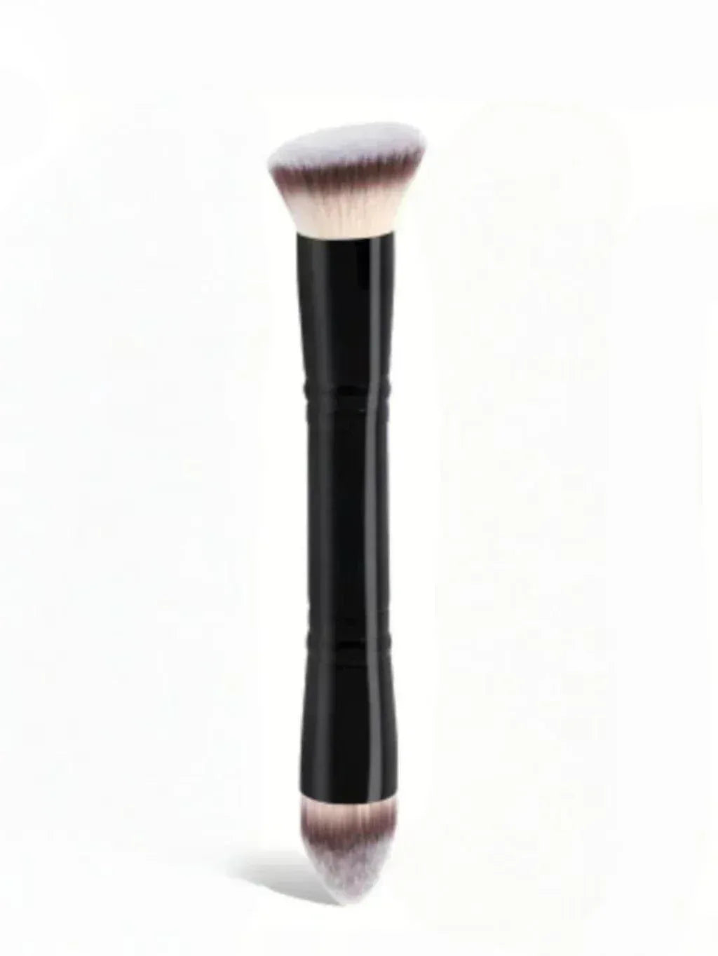 Double-headed foundation makeup brush with black handle and soft white bristles