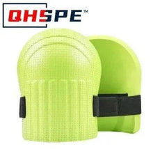 Light green knee protection pad with black elastic strap and curved shell