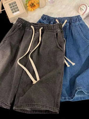 High Waist Wide Leg ort Jeans Women's Summer Loose Fit Slimming Straight Cut Blue Denim orts Thin Material Five-Quarter L...
