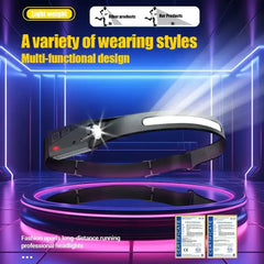 Black elastic headlamp strap with yellow LED bar and front spot light, adjustable fit