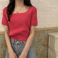 Slim Fit ort Sve Ice Silk Knitted irt Women's Faion Spring Summer Thin Sle Square Collar Princ Sve Top