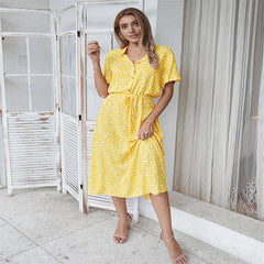 Polka Dot Short Sleeved Dress shirt Collar  Dress European and American Fashion Dress