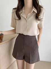 Ele Chiffon irt ort Sve Summer New Loose Collar  Ne White Top Women's Faion Commute Sle Straight Cut